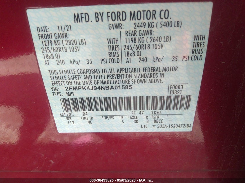 VIN 2FMPK4J94NBA01585 2022 FORD EDGE SEL/ST-LINE