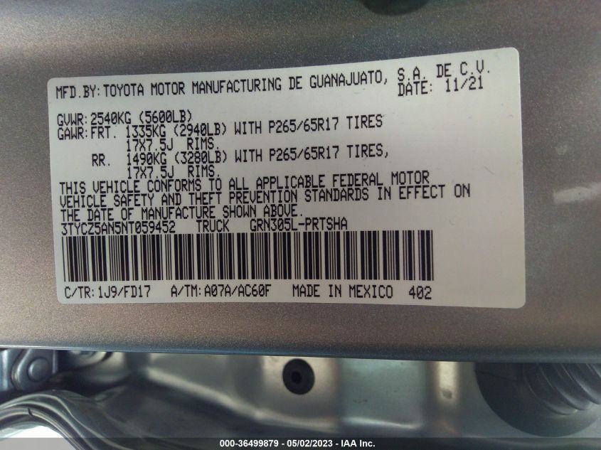 2022 TOYOTA TACOMA 4WD SR/SR5/TRD SPORT - 3TYCZ5AN5NT059452