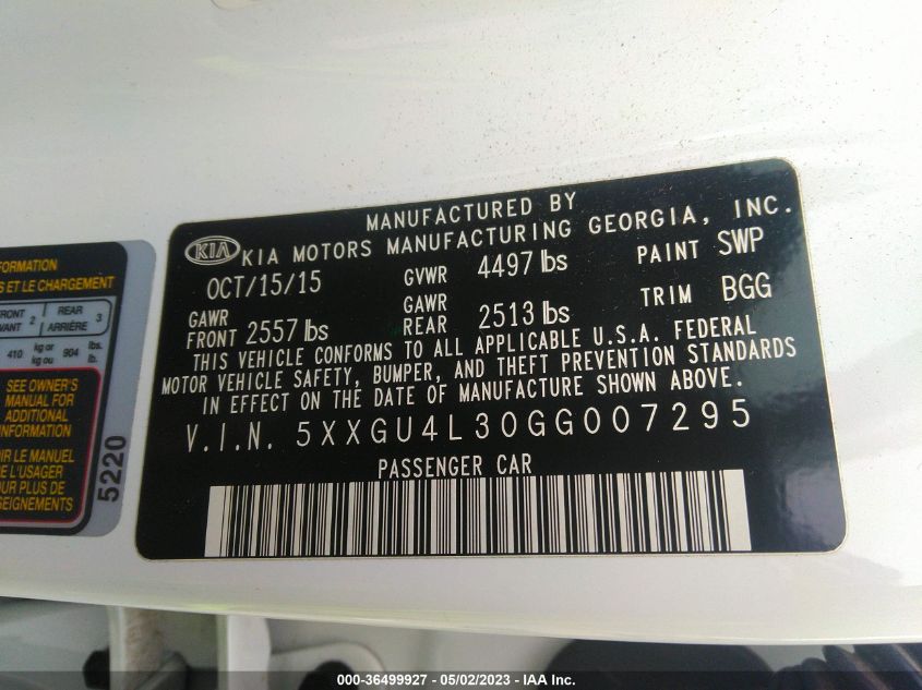 2016 KIA OPTIMA EX - 5XXGU4L30GG007295