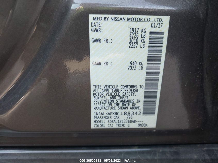 2017 NISSAN ALTIMA 2.5 SV - 1N4AL3APXHC188342
