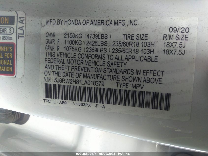 2020 HONDA CR-V EX-L - 5J6RW2H81LA018379