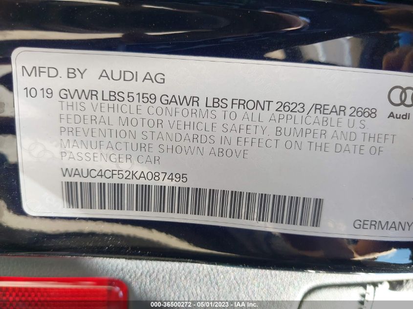 2019 AUDI S5 SPORTBACK PRESTIGE - WAUC4CF52KA087495