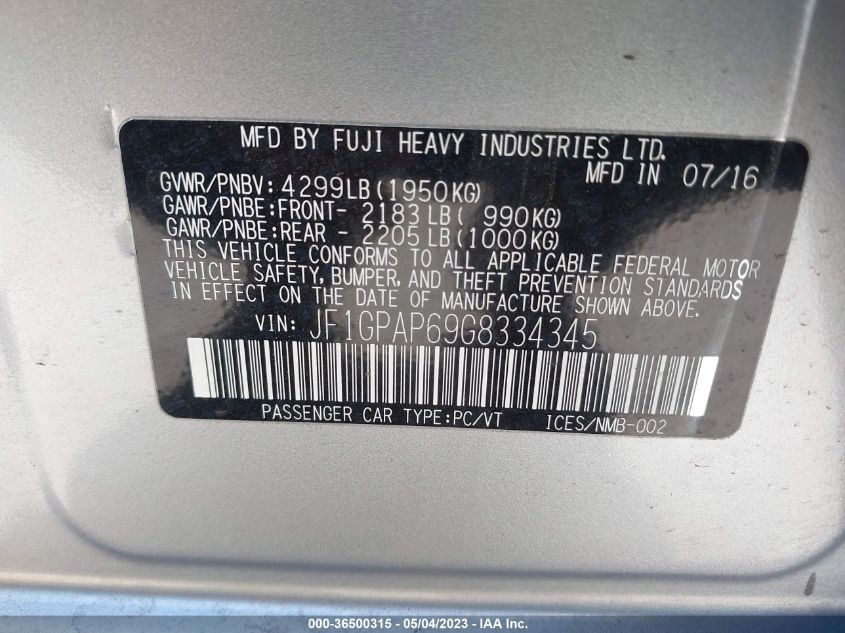 2016 SUBARU IMPREZA WAGON 2.0I SPORT PREMIUM - JF1GPAP69G8334345