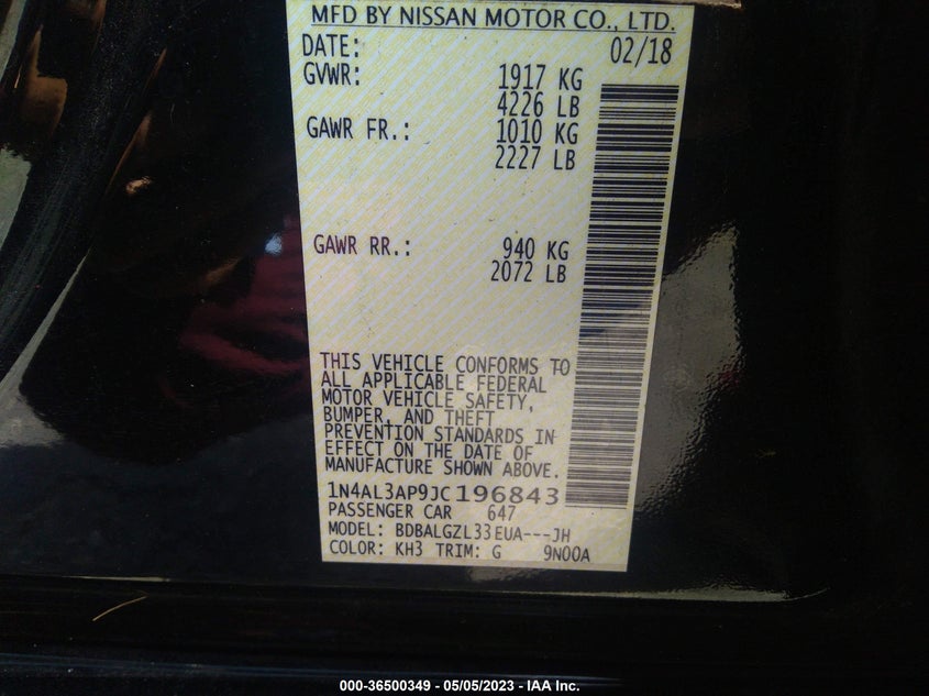 VIN 1N4AL3AP9JC196843 2018 NISSAN ALTIMA 2.5 S