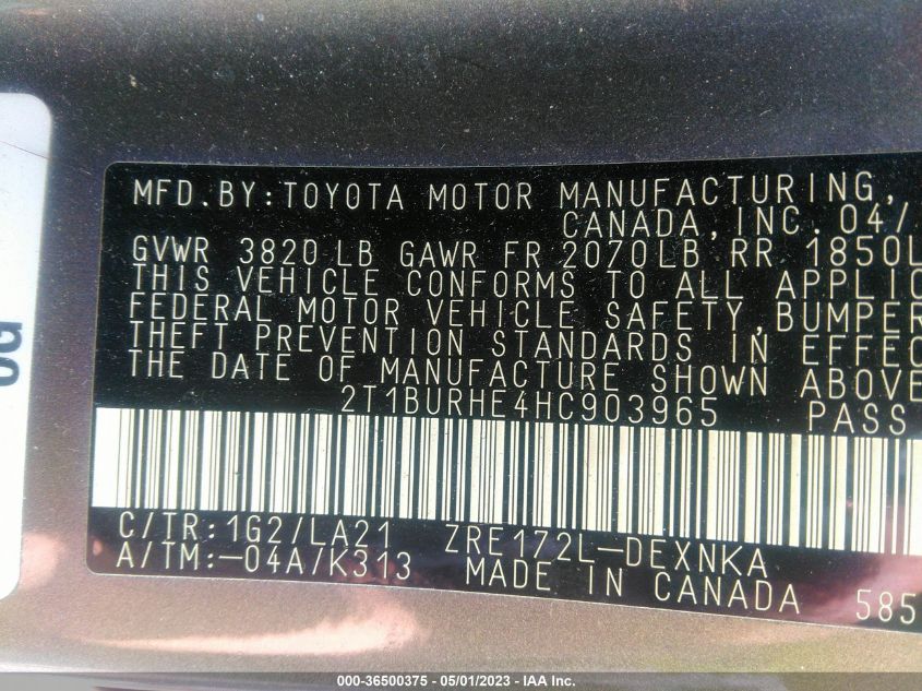 2017 TOYOTA COROLLA XLE - 2T1BURHE4HC903965
