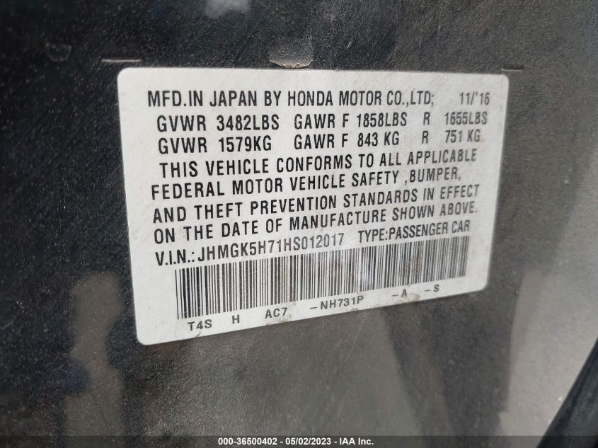2017 HONDA FIT EX - JHMGK5H71HS012017
