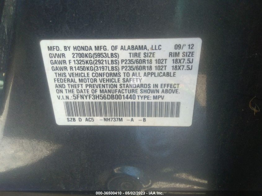 2013 HONDA PILOT EX-L - 5FNYF3H56DB001440