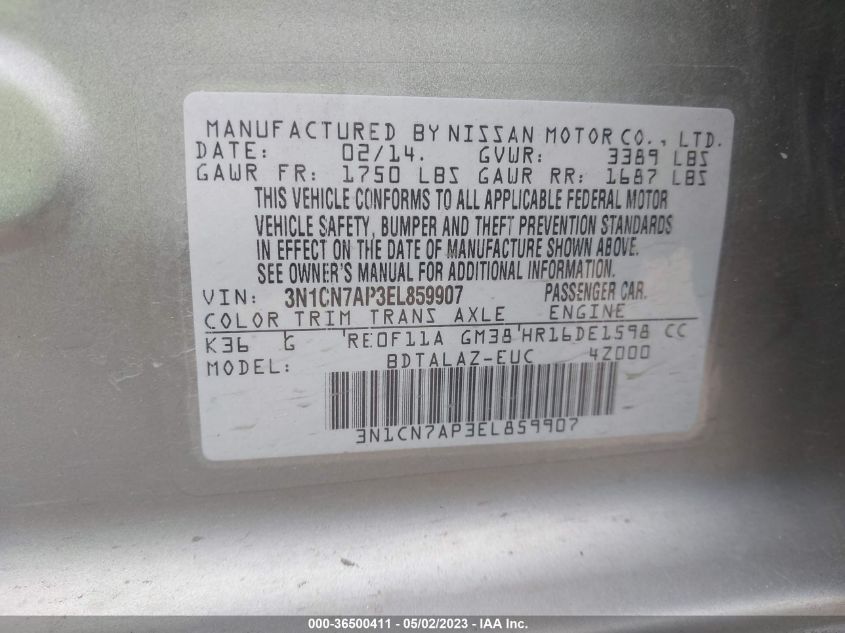 2014 NISSAN VERSA S PLUS - 3N1CN7AP3EL859907