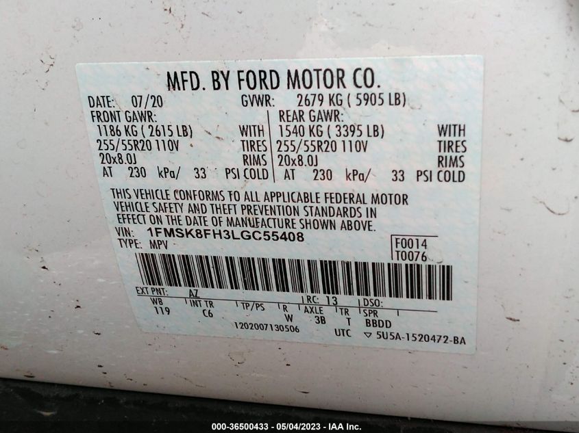 2020 FORD EXPLORER LIMITED - 1FMSK8FH3LGC55408