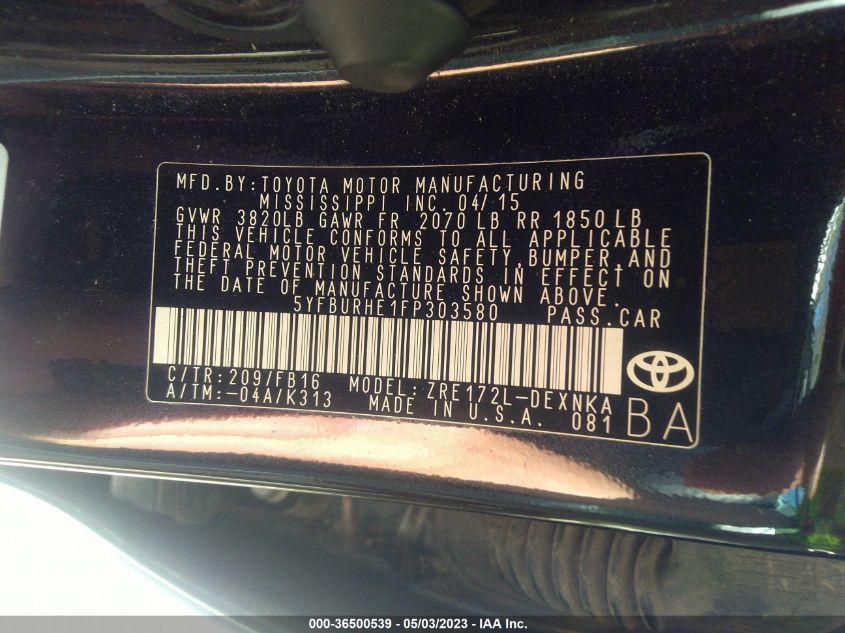 2015 TOYOTA COROLLA L/LE/S/S PLUS/LE PLUS - 5YFBURHE1FP303580