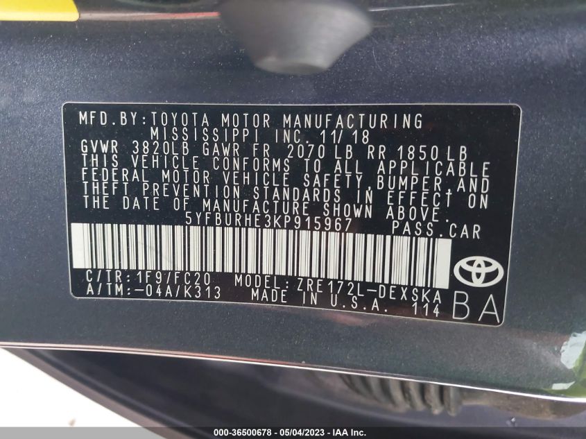 2019 TOYOTA COROLLA L/LE/SE/XLE/XSE - 5YFBURHE3KP915967