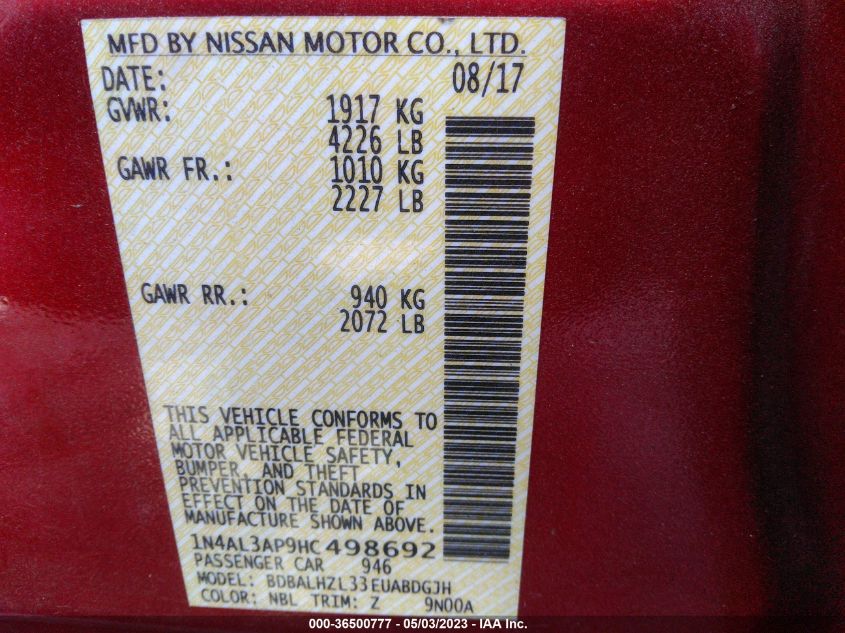 2017 NISSAN ALTIMA 2.5 SR - 1N4AL3AP9HC498692