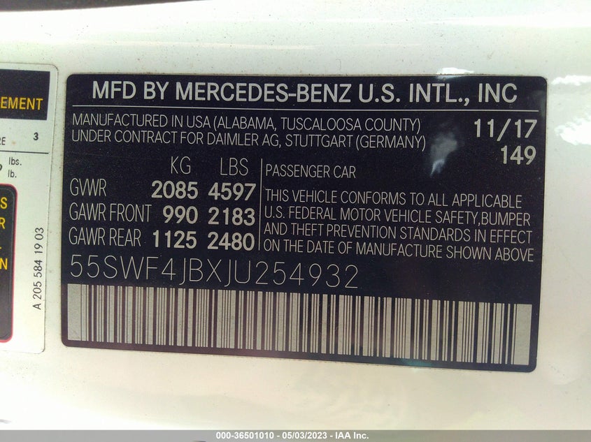 VIN 55SWF4JBXJU254932 2018 MERCEDES-BENZ C-CLASS C 300