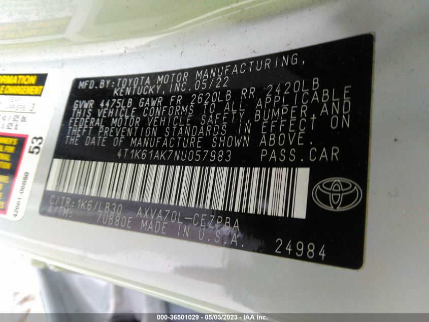 2022 TOYOTA CAMRY XSE - 4T1K61AK7NU057983