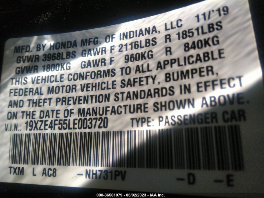 2020 HONDA INSIGHT EX 19XZE4F55LE003720