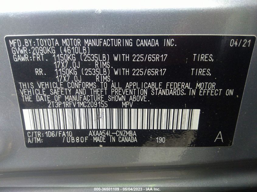 2021 TOYOTA RAV4 XLE - 2T3P1RFV1MC209155