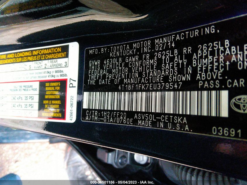 2014 TOYOTA CAMRY L/LE/XLE/SE/SE SPORT - 4T1BF1FK7EU379547