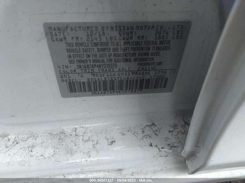 VIN 3N1AB7AP4KY278379 2019 NISSAN SENTRA SV