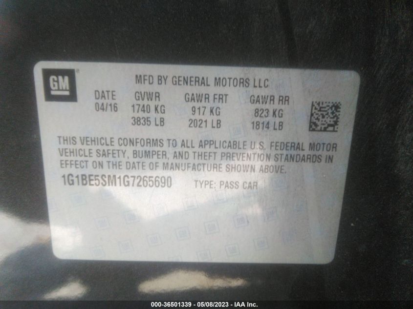 2016 CHEVROLET CRUZE LT - 1G1BE5SM1G7265690