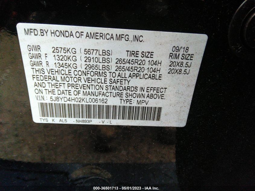 2019 ACURA MDX W/TECHNOLOGY/A-SPEC PKG - 5J8YD4H02KL006162