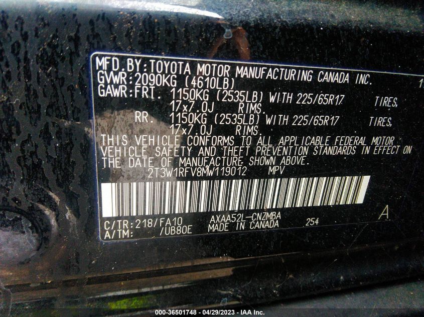 2021 TOYOTA RAV4 XLE - 2T3W1RFV8MW119012