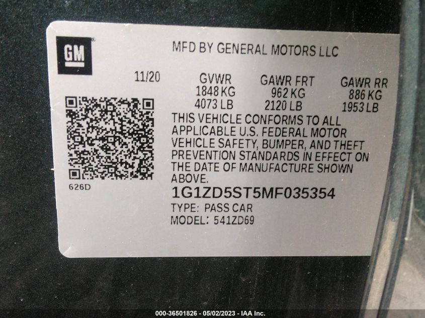 2021 CHEVROLET MALIBU LT - 1G1ZD5ST5MF035354