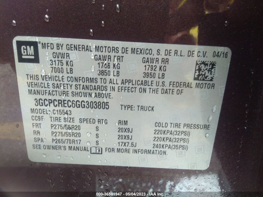 2016 CHEVROLET SILVERADO 1500 LT - 3GCPCREC6GG303805