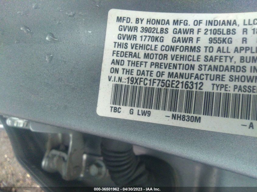2016 HONDA CIVIC SEDAN EX-L - 19XFC1F75GE216312