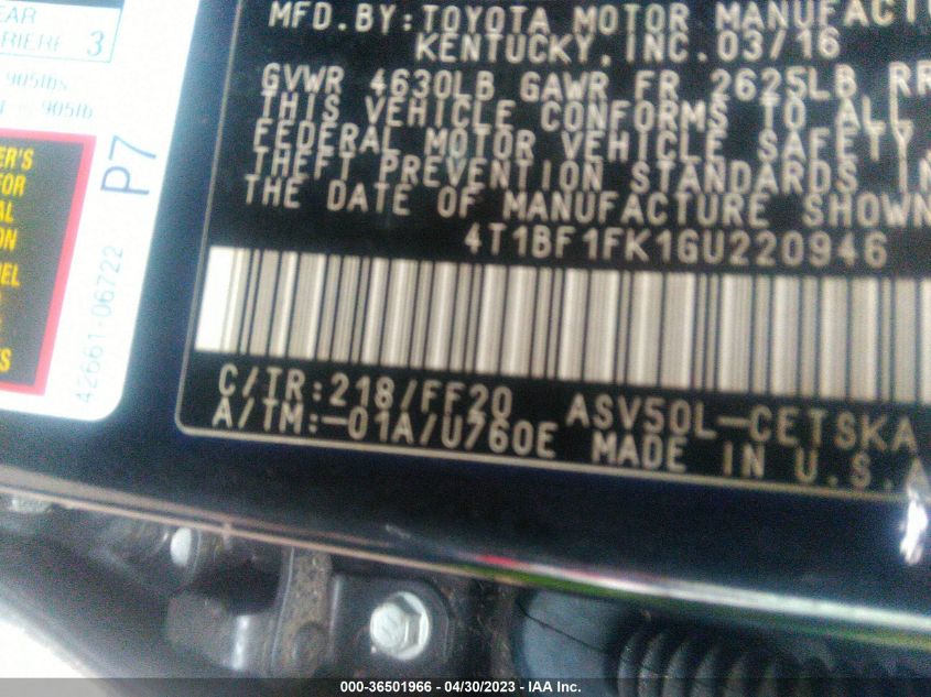 2016 TOYOTA CAMRY SE - 4T1BF1FK1GU220946