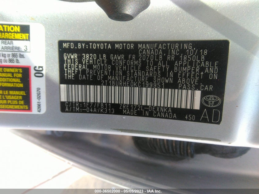VIN 2T1BURHE0KC199951 2019 TOYOTA COROLLA L/LE/SE/XLE/XSE