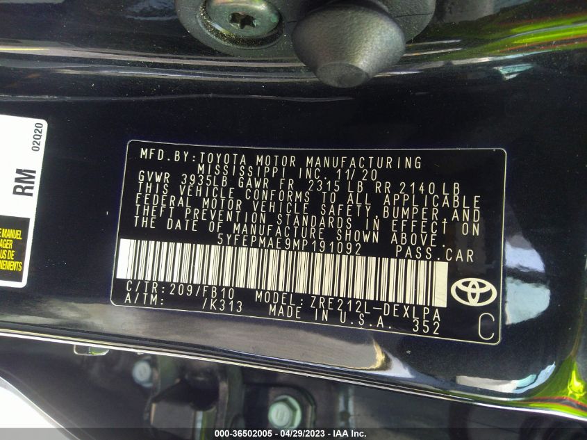 2021 TOYOTA COROLLA LE - 5YFEPMAE9MP191092