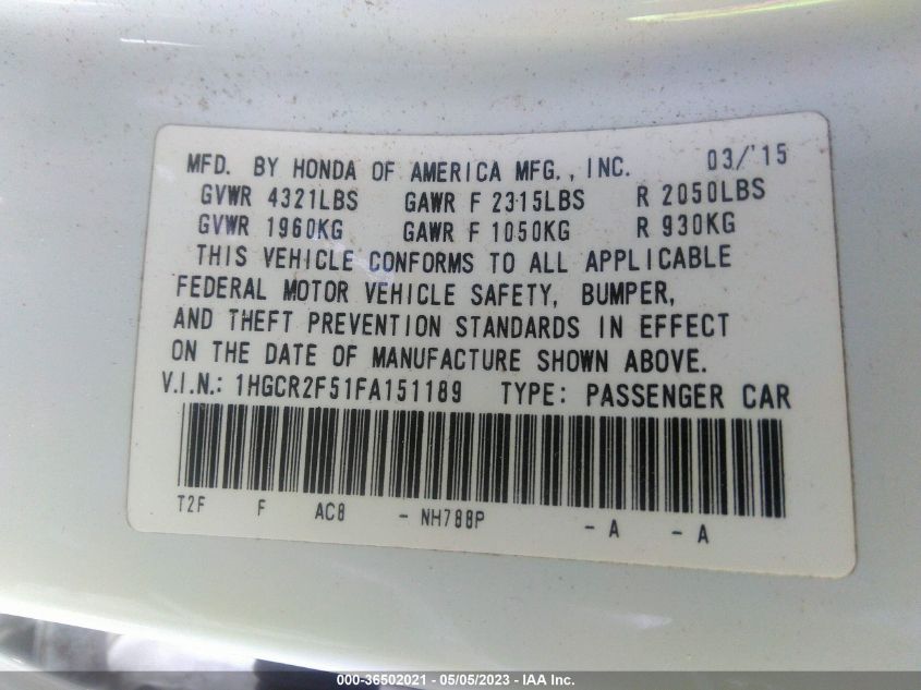 2015 HONDA ACCORD SEDAN SPORT - 1HGCR2F51FA151189