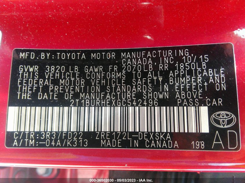 2016 TOYOTA COROLLA L/LE/S/S PLUS/LE PLUS - 2T1BURHEXGC542496