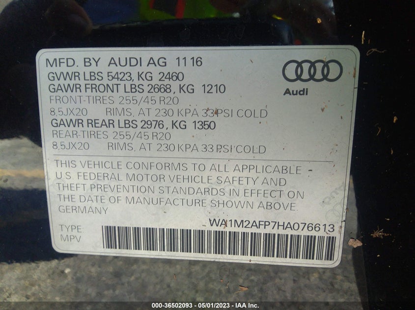 VIN WA1M2AFP7HA076613 2017 AUDI Q5 PREMIUM PLUS
