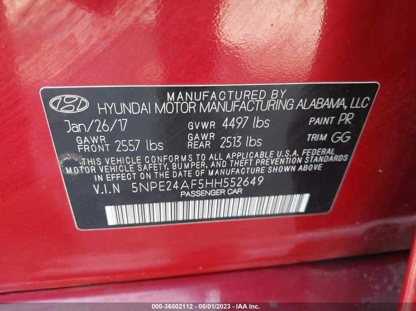 2017 HYUNDAI SONATA 2.4L - 5NPE24AF5HH552649