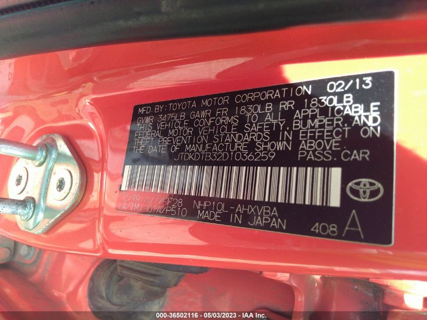 2013 TOYOTA PRIUS C ONE/TWO/THREE/FOUR - JTDKDTB32D1036259