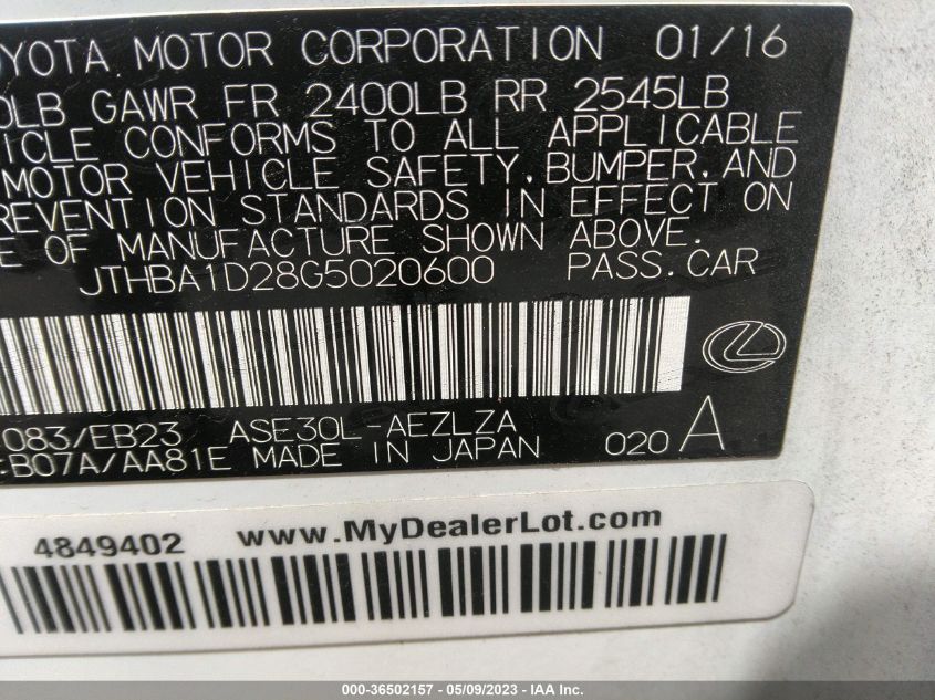 2016 LEXUS IS 200T - JTHBA1D28G5020600