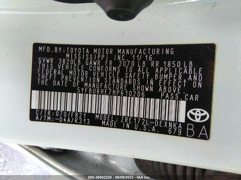 2017 TOYOTA COROLLA L/LE/XLE/SE - 5YFBURHE7HP610206