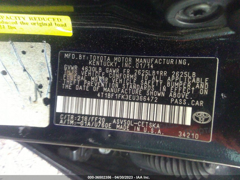 2014 TOYOTA CAMRY L/LE/XLE/SE/SE SPORT - 4T1BF1FK3EU366472