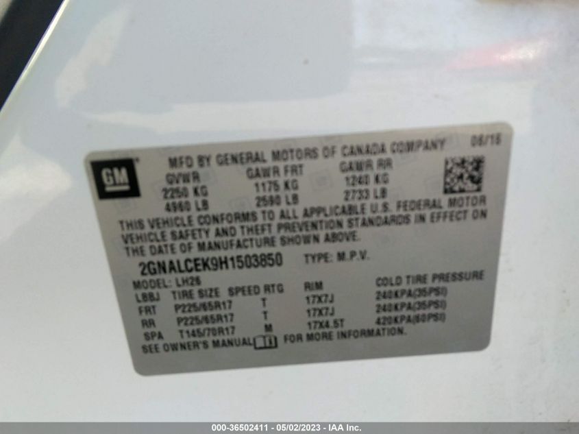 2017 CHEVROLET EQUINOX LT - 2GNALCEK9H1503850