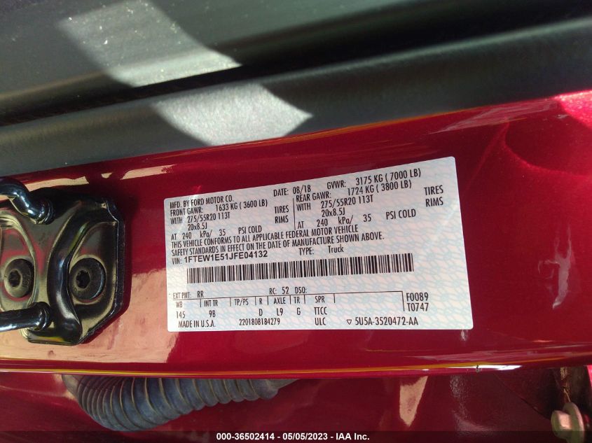 2018 FORD F-150 XL/XLT/LARIAT - 1FTEW1E51JFE04132