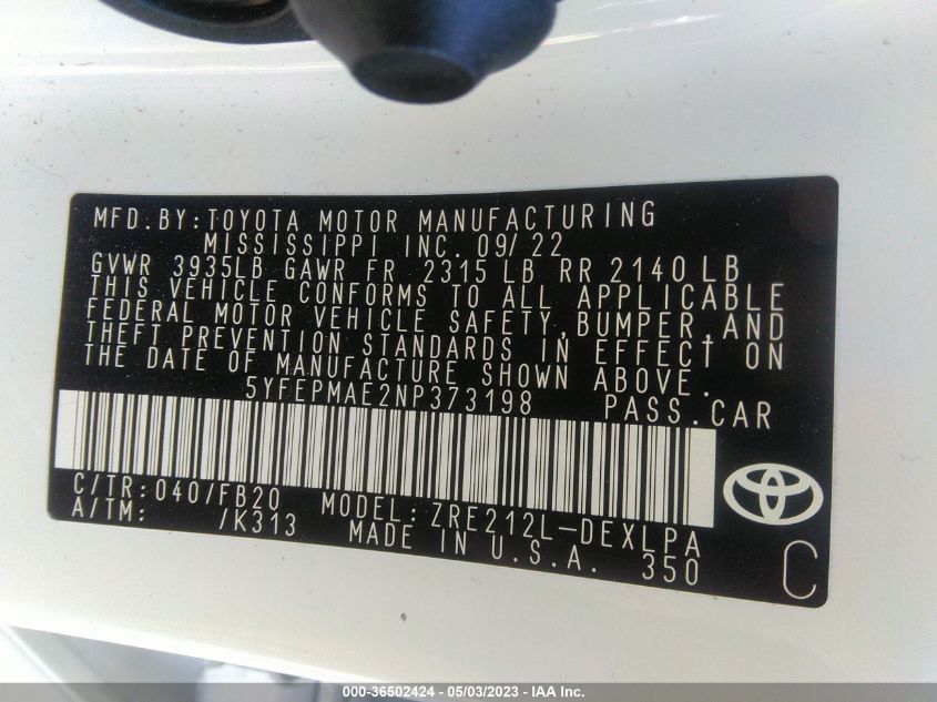 2022 TOYOTA COROLLA LE - 5YFEPMAE2NP373198