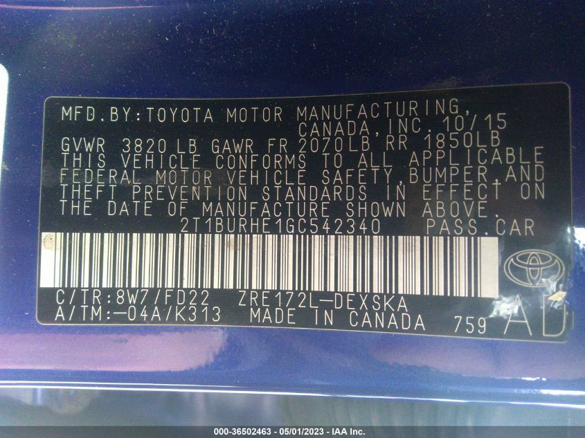 2016 TOYOTA COROLLA L/LE/S/S PLUS/LE PLUS - 2T1BURHE1GC542340