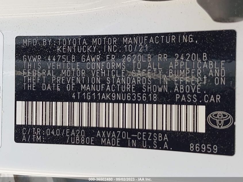 2022 TOYOTA CAMRY SE - 4T1G11AK9NU635618