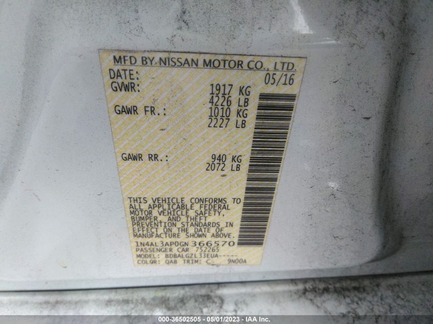 2016 NISSAN ALTIMA 2.5 S - 1N4AL3AP0GN366570