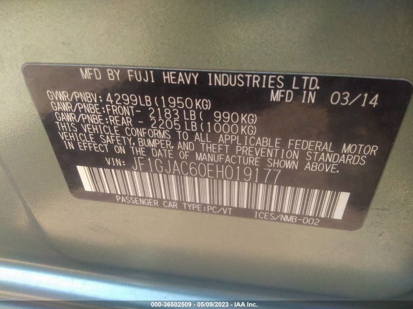 2014 SUBARU IMPREZA SEDAN PREMIUM - JF1GJAC60EH019177