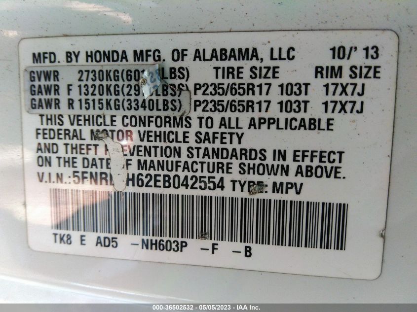 2014 HONDA ODYSSEY EX-L - 5FNRL5H62EB042554