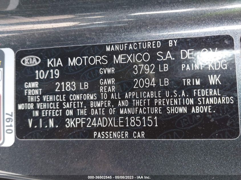 2020 KIA FORTE LXS - 3KPF24ADXLE185151