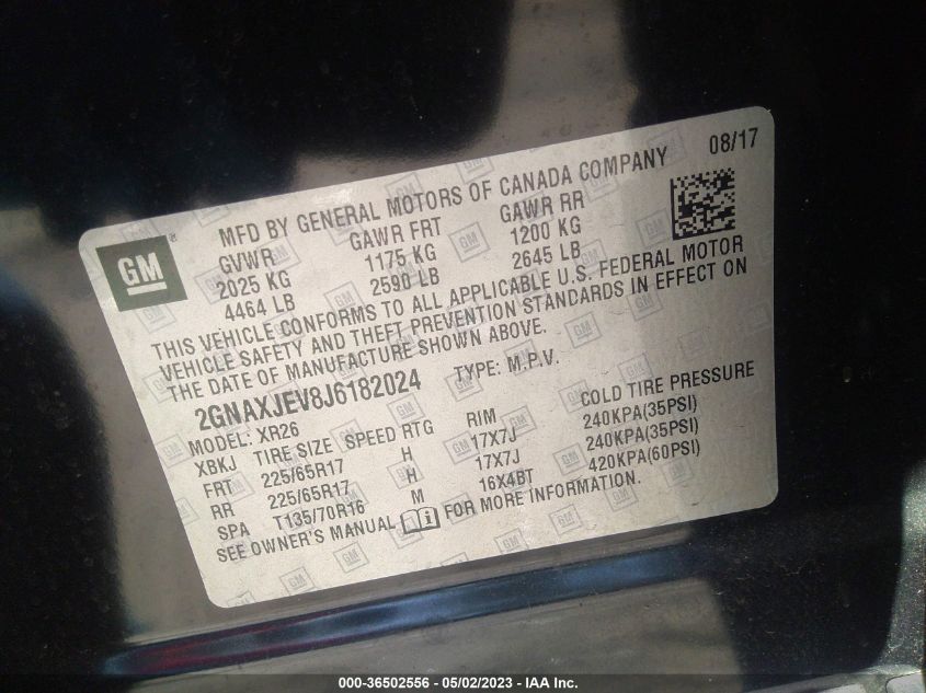 2018 CHEVROLET EQUINOX LT - 2GNAXJEV8J6182024