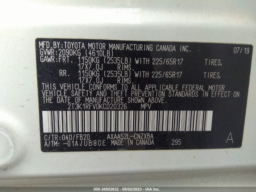 2019 TOYOTA RAV4 LE - 2T3K1RFV0KC020326